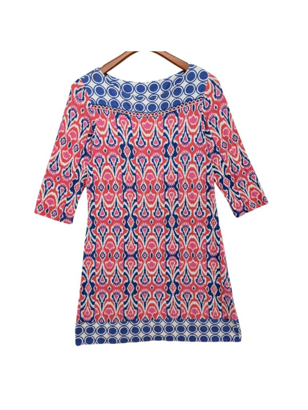 Joyous Free Ikat Mini Dress Pink Blue 3/4 Sleeve Stretch Pullover Size M
